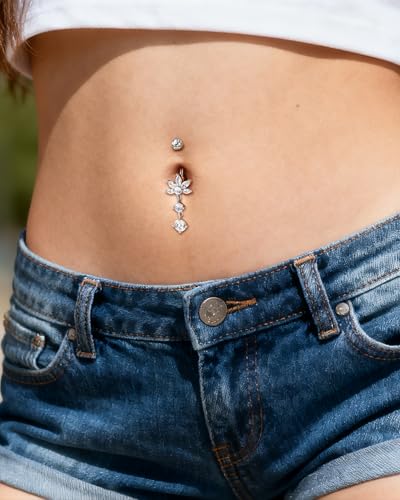 Dangle Lotus Belly Button Rings 14G Dangle Belly Navel Rings for Women Flower Belly Button Piercing - color: WG-10MM