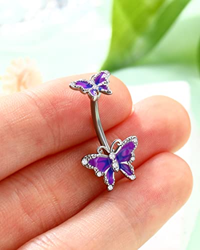 Jewseen Butterfly Belly Button Ring Surgical Steel 14G Belly Ring Purple Navel Piercing Jewelry Curved Barbell Belly Piercing Jewelry for Women