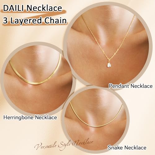 Layered Necklaces for Women,14k Gold Plated Dainty Necklace Stack Set Non Tarnish Adjustable Silver Stainless Steel CZ Heart Circle Pendant Paperclip Choker Herringbone Snake Chain Jewelry - style: CZ Layered Necklace