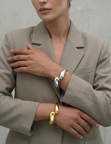 Chunky Gold Bangle Bracelets for Women, Dainty 14k Gold Plated Big Stackable Bangles Set, Trendy Statement Cuff Bracelet Stack Fashion Jewelry Gifts - style: 2 Silver & gold teardrop chunky bangles
