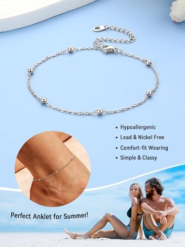 FaithHeart Waterproof Ankle Bracelets for Women, 1/2/3Pcs Non Tarnish Stainless Steel Layered Anklet Set Paperclip Figaro Cuban Link Chain Dainty Summer Beach Jewelry Gift Adjustable Size - style: a.Bead - Silver