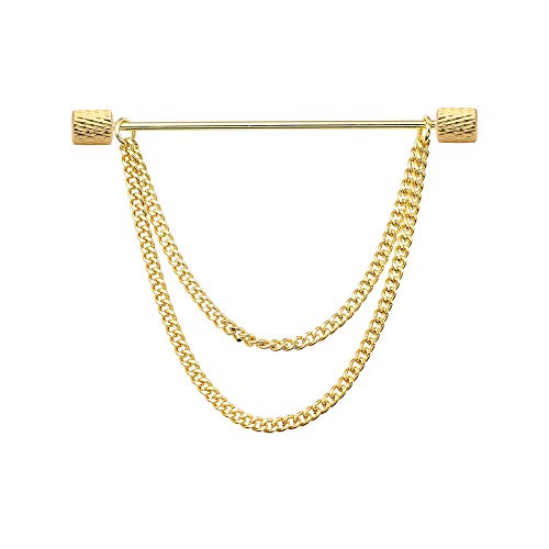 Men's Gold Plated Brass Collar Bar with Double Hanging Chain Tassel Shirt Tie Bar Collar Brooch - color: Gold Texture Cylinder Head