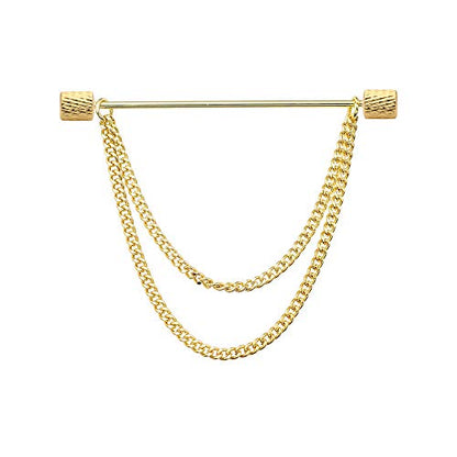 Men's Gold Plated Brass Collar Bar with Double Hanging Chain Tassel Shirt Tie Bar Collar Brooch - color: Gold Texture Cylinder Head