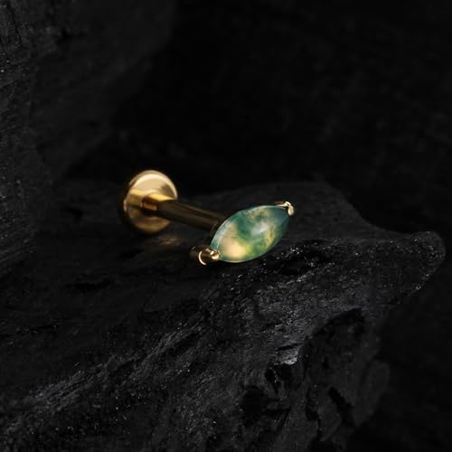 1PC ASTM F136 Titanium Piercing Jewelry for Tragus Conch Helix Flat Labret 18G 6mm 8mm, Cartilage Earring Flatback Stud - color: Moss Agate Marquise - Gold