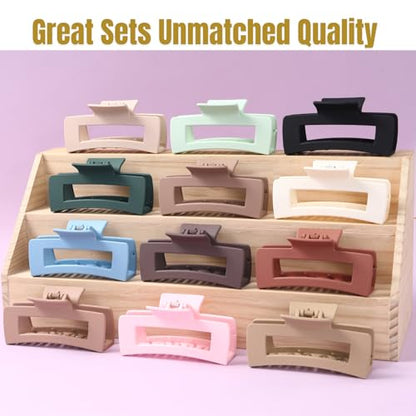 12 Pcs Neutral Square Hair Claw Clips – 4.3" Matte Finish Rectangle Claws for Women Thick & Thin Hair, Everyday Bulk Hair Accessories Set - color: Neutrals