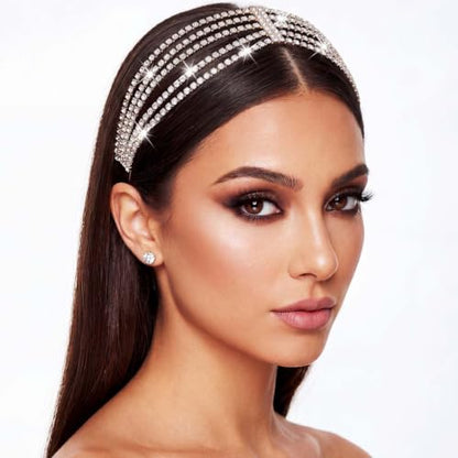 BARTOSI Rhinestone Head Chain Silver Bridal Headpiece Accessories Women | Forehead Wedding Headband Elastic Crystal Hair Band Sparkly Prom Hair Jewelry - color: A-Silver