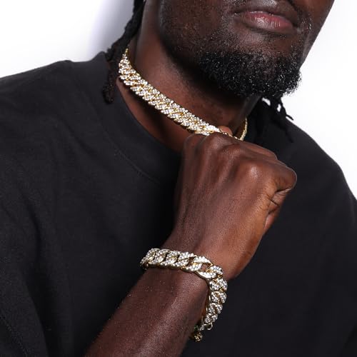 Saintda Iced Out Cuban Link Chain Necklace Bracelet Set for Men | 14mm Cuban Link Necklace Bracelet Jewelry Set Diamond Iced Out Mens Bling Thick Necklaces Chains - color: Gold-W:14MM-THK:5MM, size: 18inch