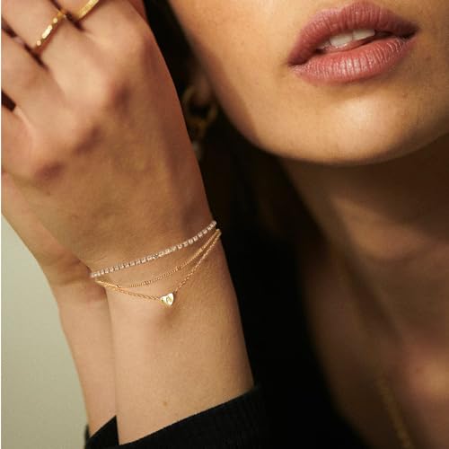 YANODA Gold Initial Bracelets for Women, 14K Gold Plated Bracelet Sets Trendy Gold Bracelet Stack Dainty Heart Letter Initial Bracelets Adjustable Tennis Bracelets Personalized Jewelry for Women - color: J