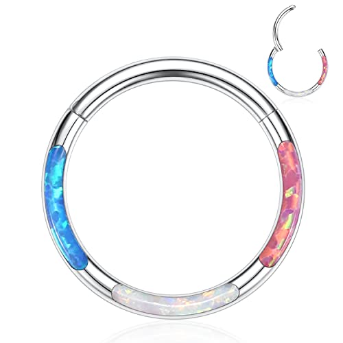 GAGABODY Septum Ring 16 Gauge Earrings Daith Jewelry Surgical Steel Hinged Nose Rings Nose Hoop Cartlidge Earring Hoop Helix Rook Piercing Jewelry - color: Style2:1pc Silver with blue white purple mix opal.