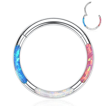 GAGABODY Septum Ring 16 Gauge Earrings Daith Jewelry Surgical Steel Hinged Nose Rings Nose Hoop Cartlidge Earring Hoop Helix Rook Piercing Jewelry - color: Style2:1pc Silver with blue white purple mix opal.