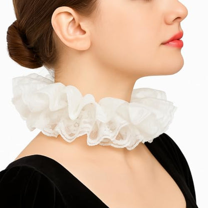 Neck Ruffle Collar and Lace Cuffs Set Victorian Collars Costume Accessories | for Cosplay, Halloween, Masquerade, Party, Clown, Vampire, Princess, Prince Outfits-White - color: White