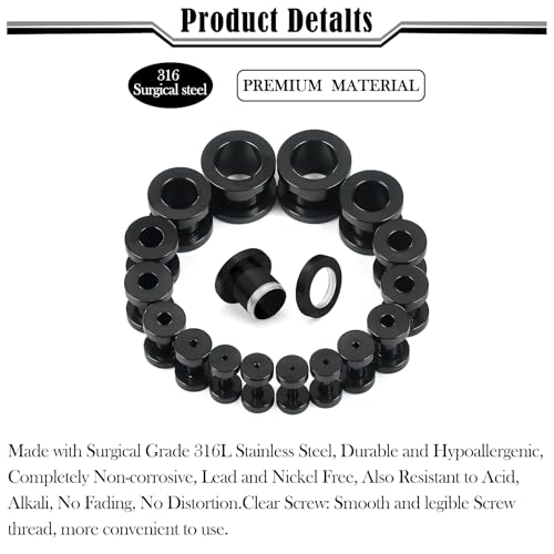 14G-00G Double Flare Screw On Gauges Tunnels Plugs Stretching Set Kit 316L Surgical Steel Gauges Tunnel Plug for Ears Size 16G 12G 10G 8G 6G 4G 2G 0G 00G Women Men - color: Black Tone-14G-00G