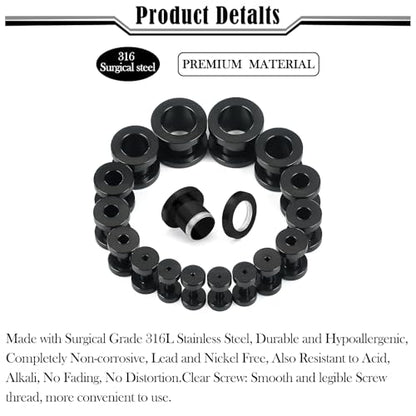 14G-00G Double Flare Screw On Gauges Tunnels Plugs Stretching Set Kit 316L Surgical Steel Gauges Tunnel Plug for Ears Size 16G 12G 10G 8G 6G 4G 2G 0G 00G Women Men - color: Black Tone-14G-00G
