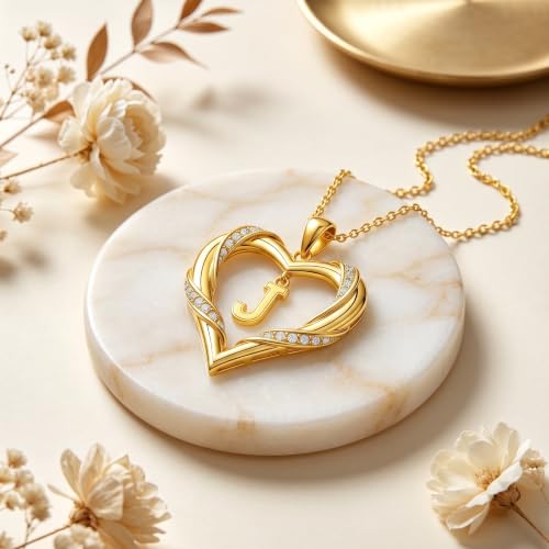 Midari 18K Gold Initial Letter Necklace for Women 18K Gold Initial Heart Capital Monogram Necklace for Mom Wife Alphabets from A-Z - color: J