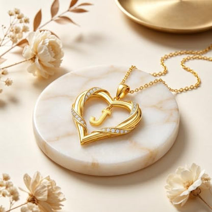 Midari 18K Gold Initial Letter Necklace for Women 18K Gold Initial Heart Capital Monogram Necklace for Mom Wife Alphabets from A-Z - color: J
