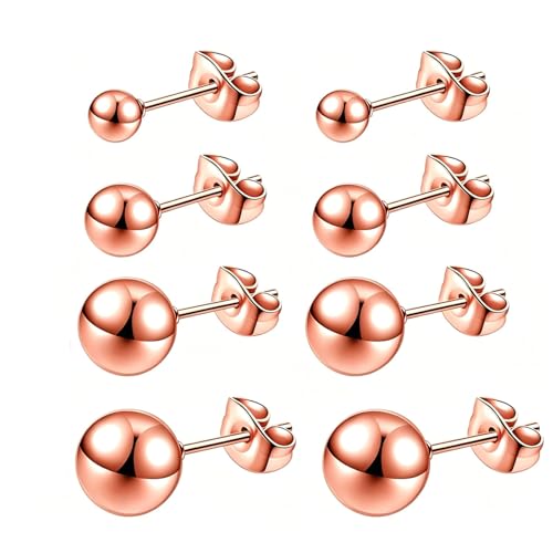 3/4 Pairs Stainless Steel Ball Stud Earrings, High Polished Round Ball Earrings Set for Women & Men 4-10mm - color: Rose Gold