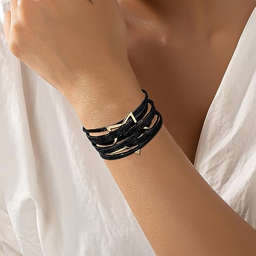Fesciory Leather Wrap Bracelet for Women, Boho Western Layered Cuff Jewelry | Stackable Bracelets, Easy-On Clasp, Daily Wear, Pairs with Boho Western Outfits, Gift for Women - color: Black