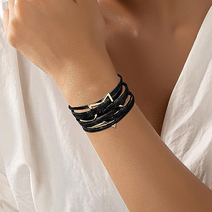 Fesciory Leather Wrap Bracelet for Women, Boho Western Layered Cuff Jewelry | Stackable Bracelets, Easy-On Clasp, Daily Wear, Pairs with Boho Western Outfits, Gift for Women - color: Black