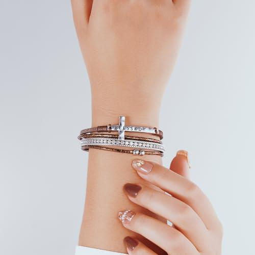 Boho Leather Wrap Bracelets Beaded Stackable Cuff Bracelet Country Concert Outfits Cowboy Cowgirl Western Jewelry Gifts for Women - color: Cross-Brown