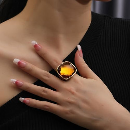 Chunky Square Crystal Glass Stainless Steel Statement Ring for Women Men Gold-Tone Plated Exaggerated Large Geometric Green Cubic Zirconia Finger Band Knuckle Rings Cocktail Prom Fashion Jewelry - color: Brown