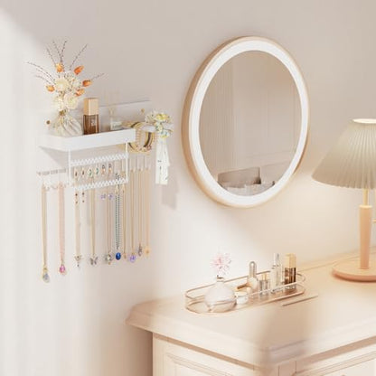 Lolalet Wall Mounted Hanging Jewelry Organizer, 15 Hooks Wooden Necklaces Holder with Storage Shelf, Easy Install Earrings Bracelets Hanger -White - color: White