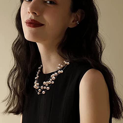FULU AUTUMN Layered Pearl Necklace Multi-strand Pearl Choker Necklaces for Women Beaded jewelry for Wedding Parties - color: Pink