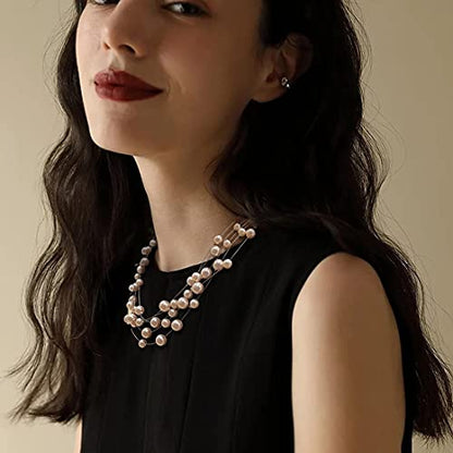 FULU AUTUMN Layered Pearl Necklace Multi-strand Pearl Choker Necklaces for Women Beaded jewelry for Wedding Parties - color: Pink