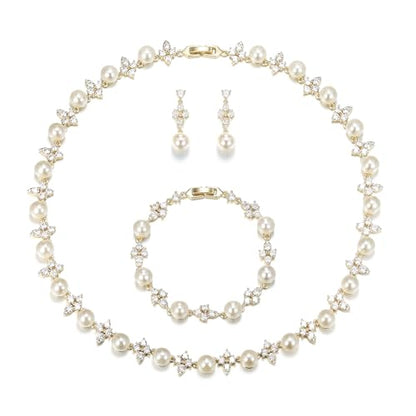 EVER FAITH Cubic Zirconia Pearl Leaf Bridal Jewelry Set for Bride Women - color: Floral_Gold-Plated-Brass