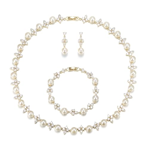 EVER FAITH Cubic Zirconia Pearl Leaf Bridal Jewelry Set for Bride Women - color: Floral_Gold-Plated-Brass