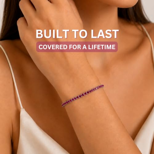 Tennis Bracelets for Women 2mm Dainty 14K Gold Plated CZ | 5A cubic zirconia, 4 prong sparkle, birthstone colors, 6.5-7.5 inches, fold over clasp, tarnish resistant, waterproof - color: Ruby Red