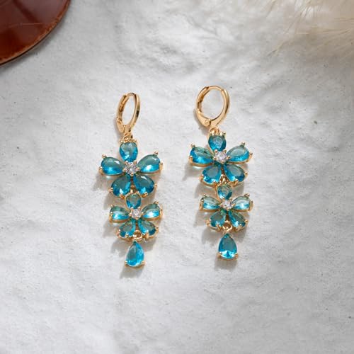 18K Gold Plated Flower Dangle Earrings for Women, Hypoallergenic Cubic Zirconia Earrings, Elegant CZ Drop Earrings, Statement Jewelry Gifts Party Fashion - style: Flower-Blue