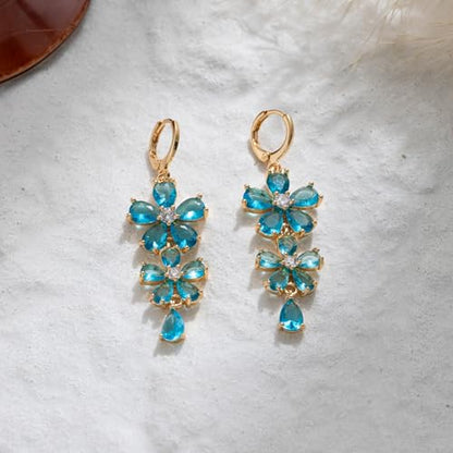 18K Gold Plated Flower Dangle Earrings for Women, Hypoallergenic Cubic Zirconia Earrings, Elegant CZ Drop Earrings, Statement Jewelry Gifts Party Fashion - style: Flower-Blue
