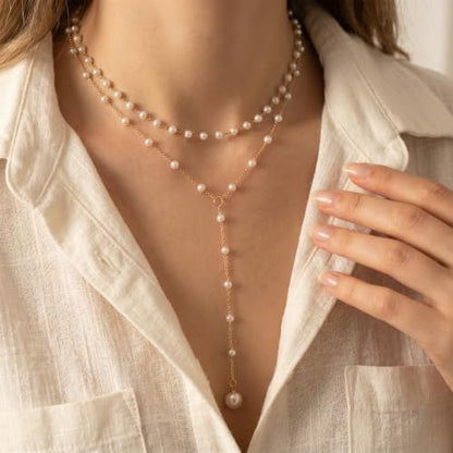 Amaxiu Layered Pearl Necklaces for Women, Y Shape Pearls Necklace for Women | Dainty Layered Faux Pearl Drop Chain Choker, Trendy Dainty Gold Pearls, Layering Necklace Jewelry Gift for Her