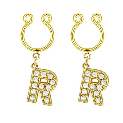 2Pcs Fake Nipple Rings Name Initial Letter Nipple Clamps for Women Non Piercing Beginner Cubic Zirconia Non Piercing Nipple Jewelry - color: R