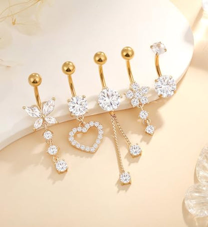 Leocuci Surgical Stainless Steel Dangle Belly Button Rings for Women Belly Ring Dangling Piercing Jewelry with Heart Flower Butterfly14G - color: gold