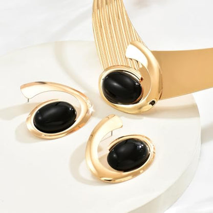Gold Jewelry Set Vintage Spiral With Oval Black Acrylic Pendant Necklace Earrings Bracelet Ring Set Bohemian Trendy Party Jewelry For Women - style: AA