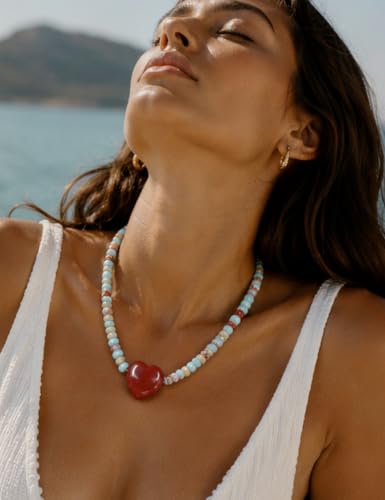 Beaded Necklaces for Women,Natural Stone Necklace, Bead Choker with Heart Pendant, Handmade Surfer Beach Necklace Trendy Stone Jewelry Gifts