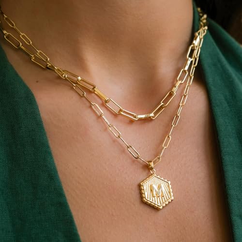 Layered Initial Necklace for Women | Gold Plated Paperclip Chain with Sunburst Hexagon Letter Pendant | Double Layer Alphabet Necklace | Personalized Minimalist Jewelry Gift - color: H