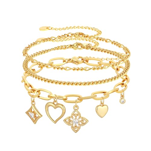 3PCS Charm Gold Bracelets for Women Non Tarnish,14k Plated Gold Bracelet Stack Cute Dainty Stackable Trendy Bow Cross Clover Bracelets Set Tarnish Free Gold Jewelry for Women Gifts - color: Clover&Heart-Gold