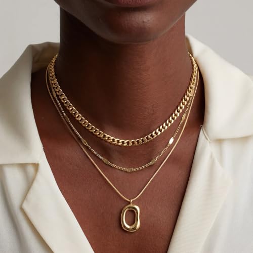14K Gold/Silver Plated Dainty Snake Chain Layered Necklace for Women | Irregular Oval Pendant Minimalist Dainty Statement Gold Layering Everyday Jewelry - color: Gold - Sandblasted