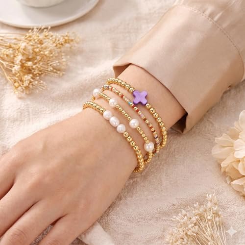 Gold Bracelets for Women, Beaded Cross Stack, Non Tarnish Set，Set-1 | Gold Beaded Bracelet Stack with Stretch Fit, Waterproof Finish and Dainty Design for Everyday Wear and Gifts - color: Colors-5