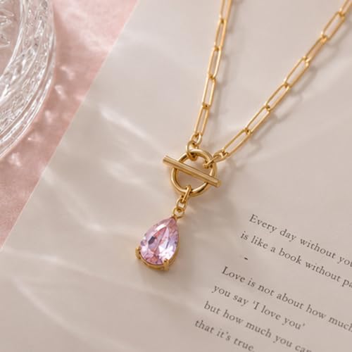 Teardrop CZ Pendant Paperclip Chain Necklace 18K Plated Paperclip Toggle Necklace Jewelry Birthstone Gift for Women - color: Pink Crystal-October