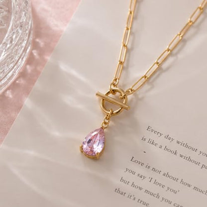 Teardrop CZ Pendant Paperclip Chain Necklace 18K Plated Paperclip Toggle Necklace Jewelry Birthstone Gift for Women - color: Pink Crystal-October