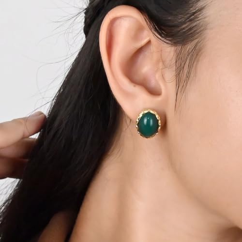 Gempires Bold Oval Gemstone Stud Earrings for Women – Natural Healing Stone Jewelry 14K Gold-Plated Hypoallergenic Tarnish-Resistant – Bold Statement Studs Gift for Her - style: Green Onyx