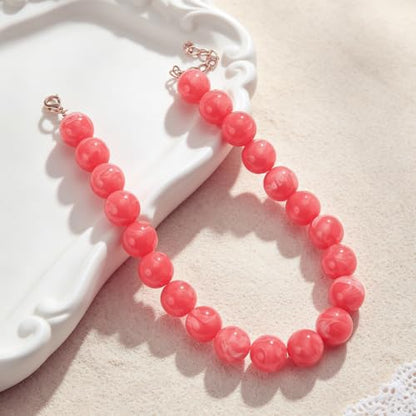Chunky Beaded Necklace for Women Trendy Boho Collar Statement Necklace Large Round Resin Beads Choker Necklaces Summer Beach Jewelry Gifts - color: Orange Red