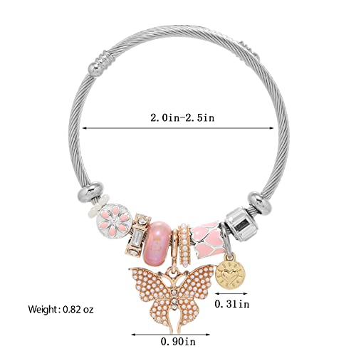 DS Charm Bracelets for girls,exquisite cute cartoon friendship bracelets Silver Stainless Steel Bangle with birthday Gift box, Adjustable girls jewelry Suitable for holiday gifts - style: Silver-pink butterfly2
