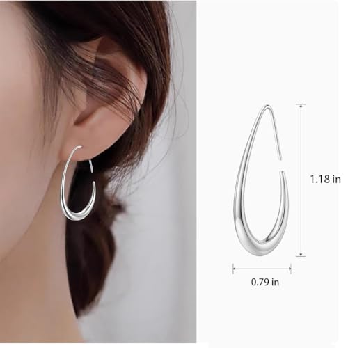 Teardrop Hoop Earrings for Women Gold Silver Plated Hypoallergenic Oval Pull Through Hoop Earrings Jewelry Gift - color: Silver