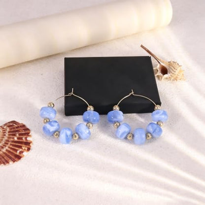 Colorful Beaded Earrings for Women Beaded Hoop Earrings | Chunky Acrylic Resin Boho Statement Drop Earrings Trendy Summer Beach Jewelry Accessories Gifts - color: Blue