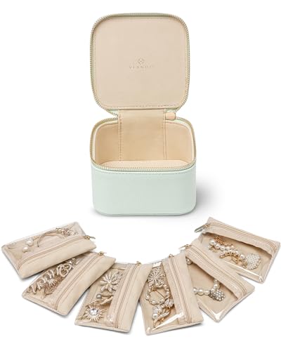VLANDO Jewelry Travel Case,Travel Jewelry Organizer with Clear Velvet Jewelry Bags 6Pcs Zipper Pouch for Women Girl Gift-Mint Green - color: B.6PCS Mint Green