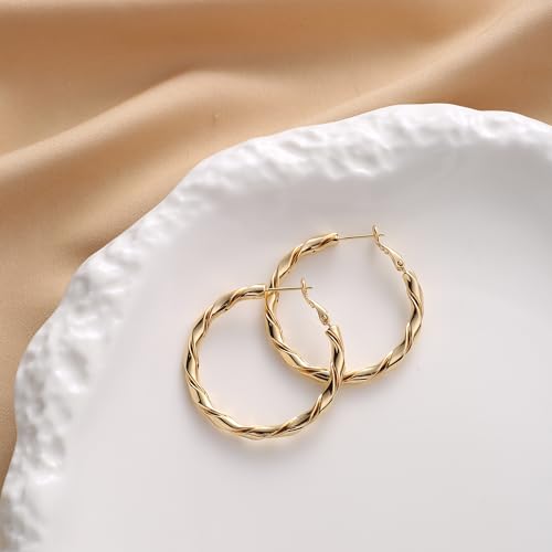 14k Gold Plated Hoop Earrings for Women, 925 Sterling Silver Posts Thick Twist Hypoallergenic Chunky Large Earrings 20mm 30mm 40mm 50mm - color: Yellow Gold, size: 40mm